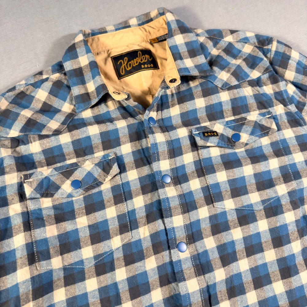 Howler Brothers Flannel Mens Medium Blue Plaid Western Pearl Snap Shirt
